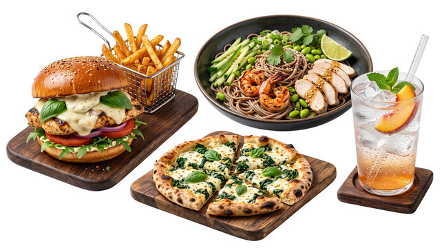 Gourmet fast casual food assortment, grilled chicken burger with french fries and pesto pizza, healthy shrimp soba noodle bowl and peach iced tea