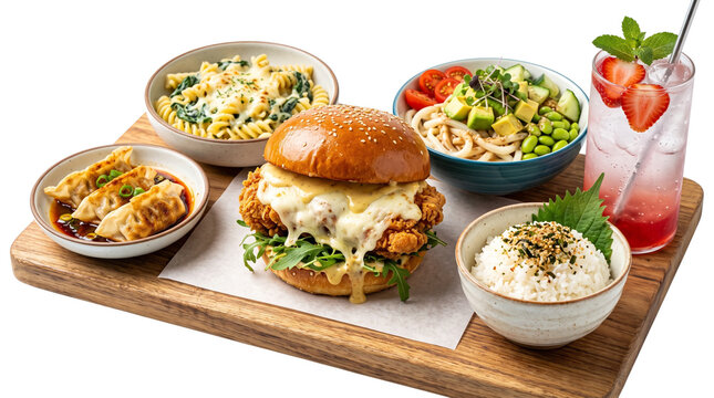 Gourmet fusion food platter with crispy chicken burger, assorted side dishes and strawberry soda, delicious restaurant meal on wooden board