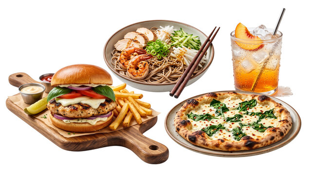 Gourmet food collection with chicken burger, french fries, shrimp noodle bowl, spinach pizza and iced peach tea, assorted restaurant meal set on white background