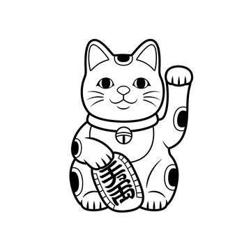 Japanese lucky cat vector in minimalist line art style