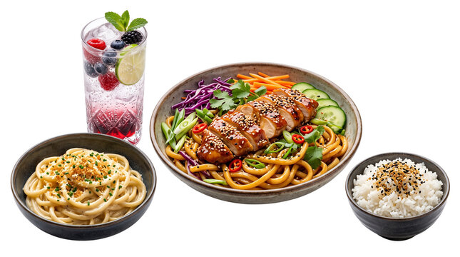 Grilled chicken teriyaki noodle bowl with fresh vegetables, asian fusion meal set with white rice and spaghetti, refreshing berry infused water
