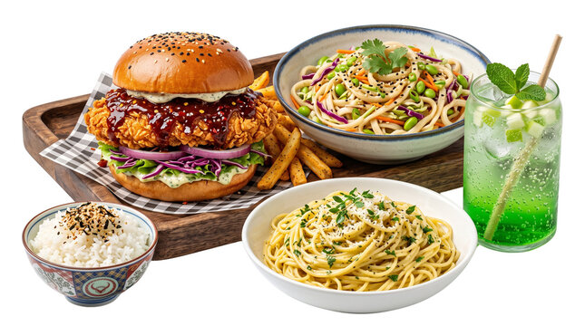 Gourmet fusion food combo with crispy chicken burger, asian noodles, pasta and iced soda, delicious restaurant meal set on white background