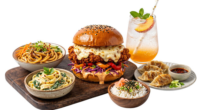 Gourmet fried chicken burger with melted cheese, fusion food platter with noodles and gyoza dumplings, refreshing peach iced tea cocktail on white background