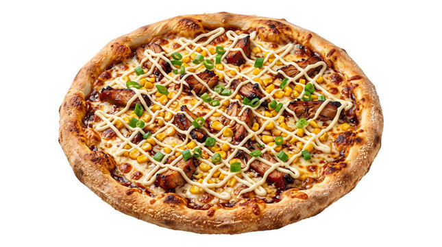 Gourmet chicken pizza with sweet corn and mayonnaise drizzle, artisan wood-fired pizza with green onions, delicious fusion pizza on white background