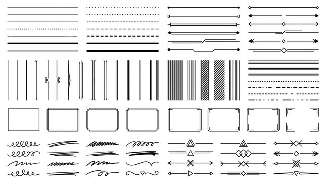 Minimalist black line dividers and decorative borders set, geometric graphic design elements, hand drawn scribbles and elegant page separators