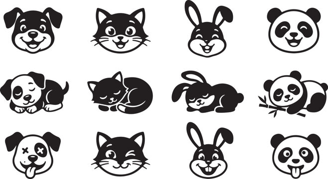 Cute cartoon baby animals happy sleeping funny icons puppy cat bunny panda bear expressions vector.