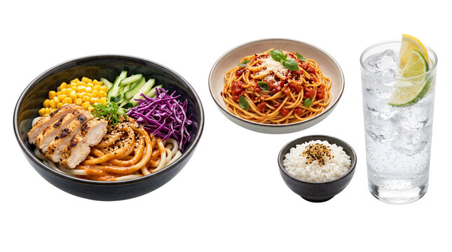 Asian fusion food collection with chicken udon noodles, tomato pasta bowl, steamed white rice and iced lime soda, isolated on white background