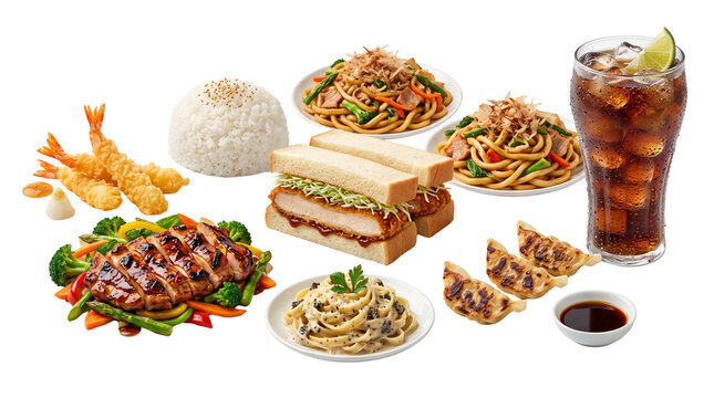 Japanese fusion food collection, katsu sando and teriyaki chicken with noodles, tempura shrimp and gyoza dumplings on white background