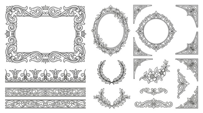 Vintage ornate frames and borders set, decorative baroque line art elements, elegant filigree scrollwork collection for wedding invitations and certificates
