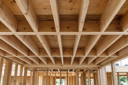 Exposed wooden joists supporting an unfinished floor on a construction site.