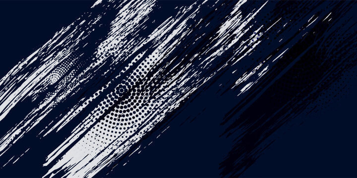 White brush strokes on a navy blue background illustration with a halftone effect Abstract grunge design element for a banner