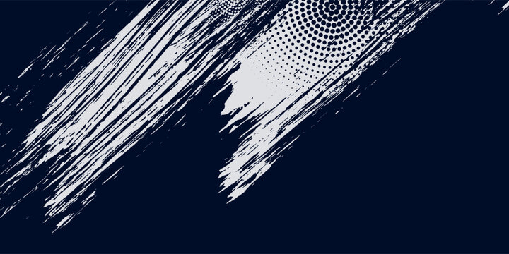 White brush strokes on a navy blue background illustration with a halftone effect Abstract grunge design element for a banner