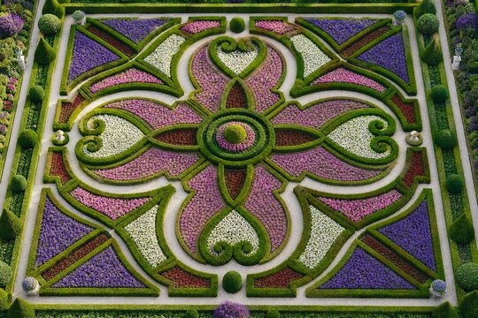 Geometric parterre garden with colorful flowers, aerial view, symmetrical pattern.