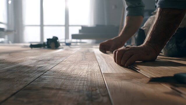 Professional worker installing laminate wood planks in a modern home renovation project.