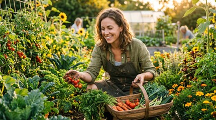 Fototapeta premium Woman harvesting fresh vegetables in a community garden at sunset with tomatoes