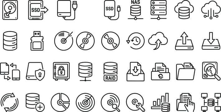 Black and white line icons of computer data storage and security