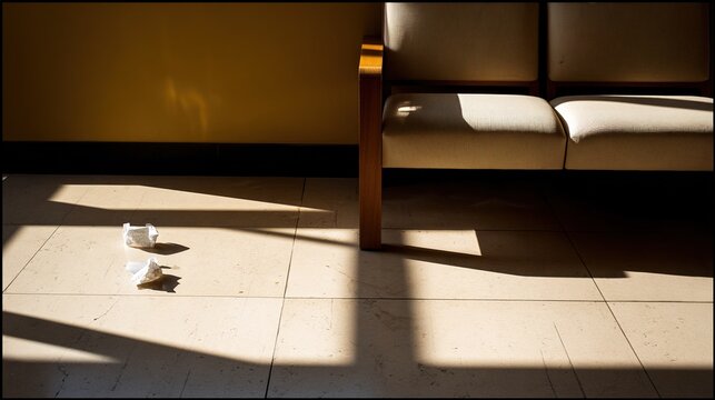 discarded. An empty waiting room bench with discarded items and long evening shadows. wellbeing guides, coaching materials, designed for mental health education and mindfulness programs.