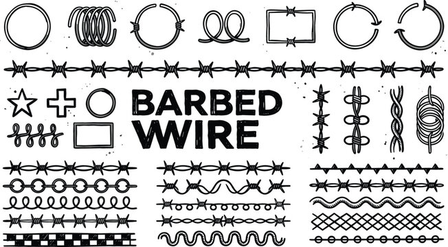 Hand Drawn Barbed Wire Brush and Element Vector Set Featuring Rusty Security Borders, Fences, and Edges for Graphic Design Projects