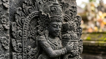 Fototapeta premium Intricate stone carving of a goddess in a traditional balinese temple