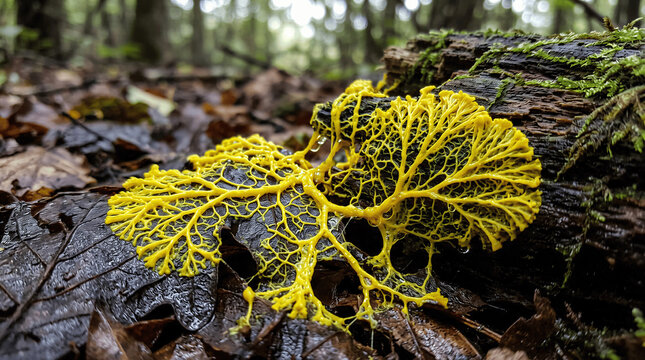 Yellow Myxomycete Plasmodium spreading across leaves