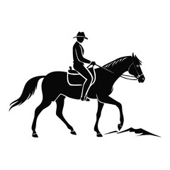 Naklejka premium Black silhouette of horse mountain rider, cowboy on horseback traversing stylized peak. Equestrian figure and horse convey adventure, graphic for horse mountain rider.