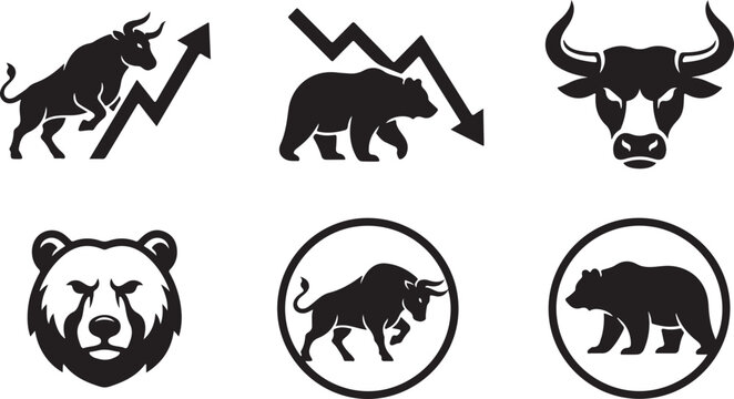 Bull and bear symbols with financial charts and logos for economic market analysis.