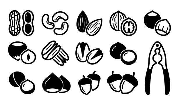 Nut Collection Silhouette Icons with Peanut Walnut Almond Chestnut Hazelnut and Nutcracker Vector Set