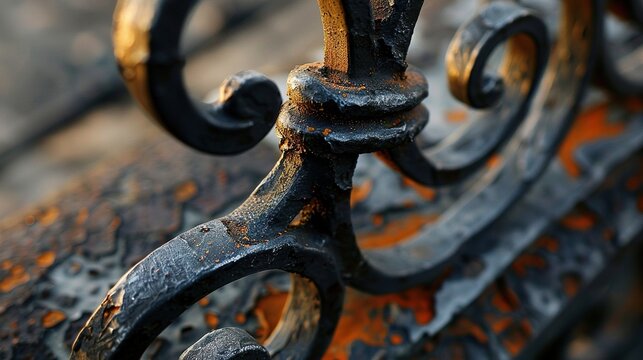 Aged wrought iron scroll flaking close up