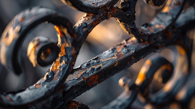 Aged wrought iron scroll flaking close up
