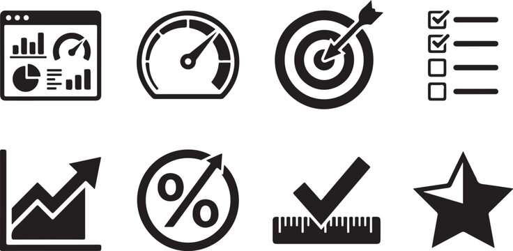 Variety of business and finance icons, including charts, percentages, and awards.
