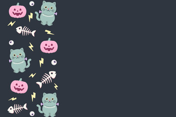 Fototapeta premium Pastel goth Halloween British Shorthair stitched monster cat and eyeballs creating a vertical side border template with empty space.