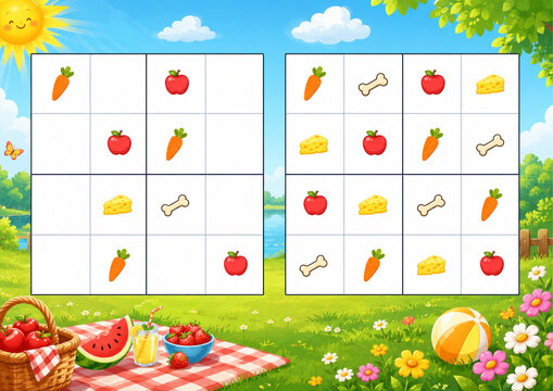 Summer picture sudoku puzzle with food icons in picnic park