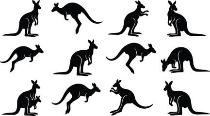 Fototapeta premium Black Kangaroo Silhouette Vector Collection Featuring Standing Jumping Poses Mother with Joey in Pouch and Australian Wildlife Shapes