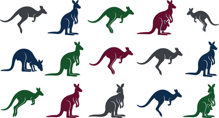 Obraz premium Kangaroo Silhouette Vector Set Featuring Various Jumping Standing Poses Mother with Joey in Pouch and Color Variations
