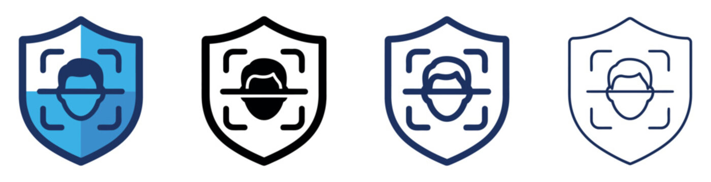 Set of four shield icons with face recognition scanner for digital security and biometric identification Minimal icon set bundle collection. Editable Vector Illustration Mega pack