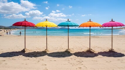 Fototapeta premium Five bright umbrellas stand in a row on a sandy beach with the sun shining overhead