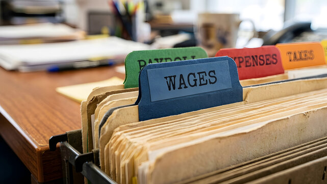 Close-up of colorful file folder tabs with the word Wages visible on one