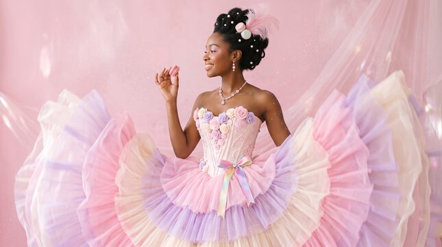 Smiling Black woman in pastel rococo lace corset dress with colorful bows holding a pink macaron, hair adorned with macarons, pearls and feather against sparkling pink background
