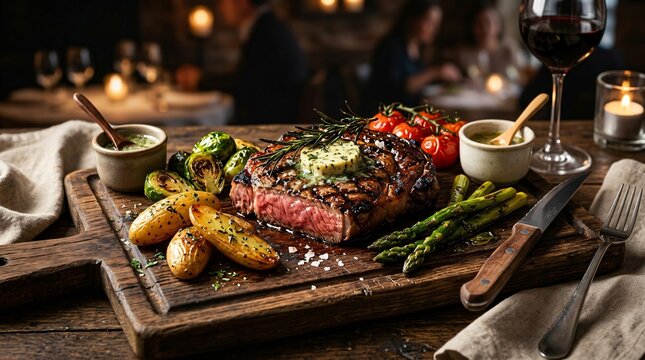 Serving a perfectly grilled beef steak with roasted vegetables on a wooden board