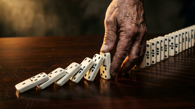 Preventing Failure And Disaster Creative Contemporary Art Collage Of Gian Hand Stopping The Domino Effect In Business Pushing Blocks For Success