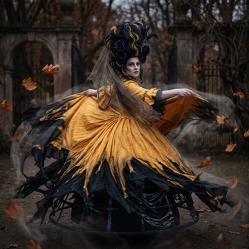 Dramatic woman in yellow and black gothic baroque gown with dramatic feathered updo dancing amid swirling dark fabric and falling leaves at moody atmospheric ruined stone arch backdrop