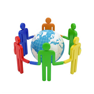 Colorful people standing around a globe symbolizing unity