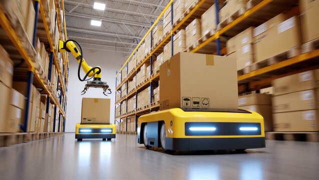Smart automated warehouse logistics with AGV robots and robotic arms handling cardboard boxes for efficient supply chain distribution- 3D rendering