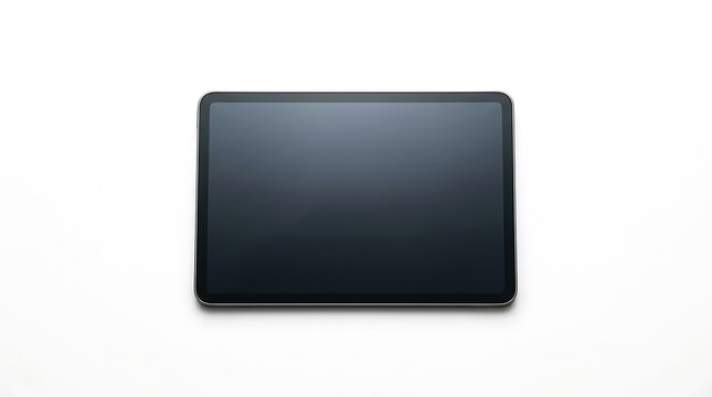 Top-down overhead flat lay view of a modern tablet computer mockup with a blank screen, isolated on a white background