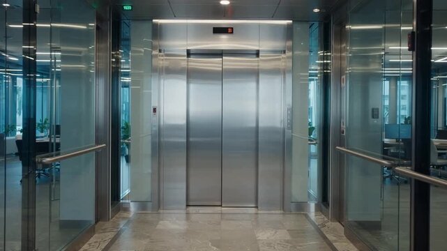 Modern office hallway with stainless steel elevator doors and glass partitions