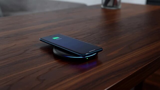 Smartphone charging wirelessly on a wooden table with a glowing indicator light