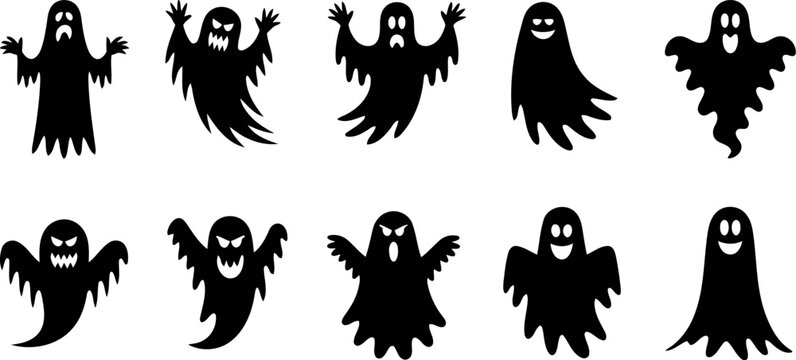 Collection of ten different ghost silhouettes for scary halloween designs.