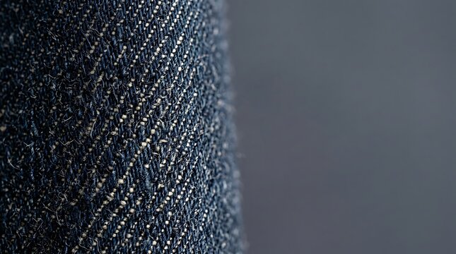 Macro texture of dark blue denim fabric with diagonal weave pattern