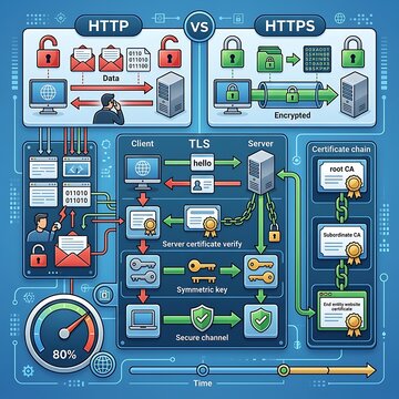 Infographic comparing http and https web security and tls