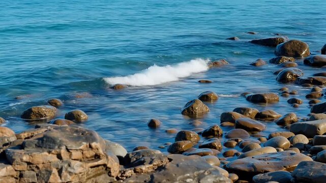 Waves gently crash over smooth rocks along a rocky shoreline.